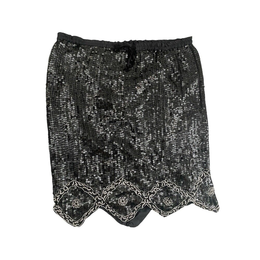 Vintage Silk Beaded Allover Sequin Scallop Hem Whimsigoth Flapper Black Skirt XL